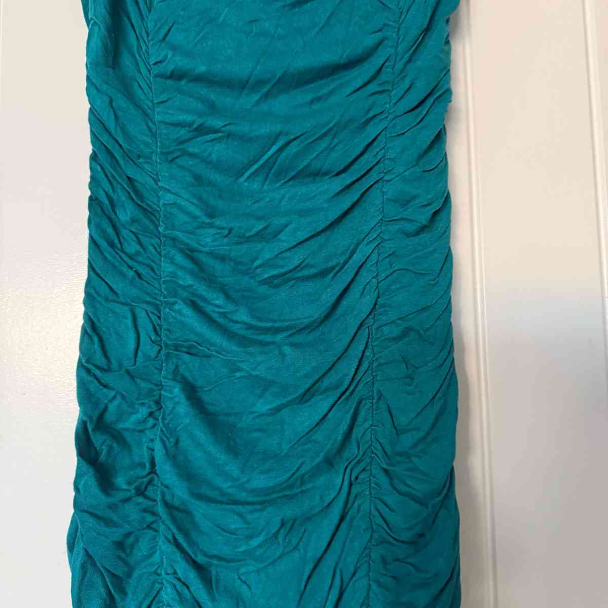 Teal Strapless Ruched Cocktail Dress with Feather Trim - Los Angeles, California - FleaMarketBay