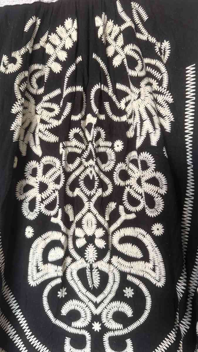 Bohemian Black Embroidered Midi Dress  Folk Floral Stitching - Los Angeles, California - FleaMarketBay