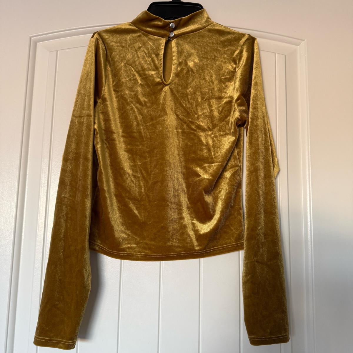 Mustard Gold Velvet HighNeck Long Sleeve Top with Keyhole Ba - Los Angeles, California - FleaMarketBay