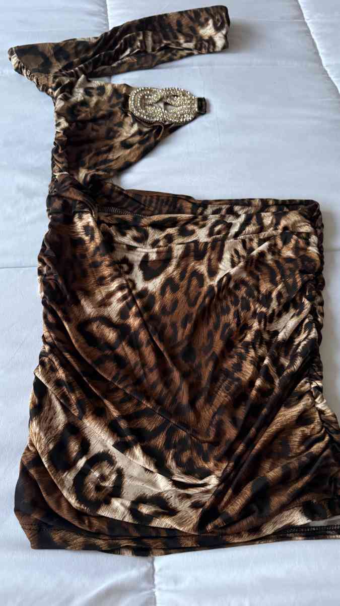 Leopard Print OneShoulder CutOut Mini Dress with Rhinestone - Los Angeles, California - FleaMarketBay