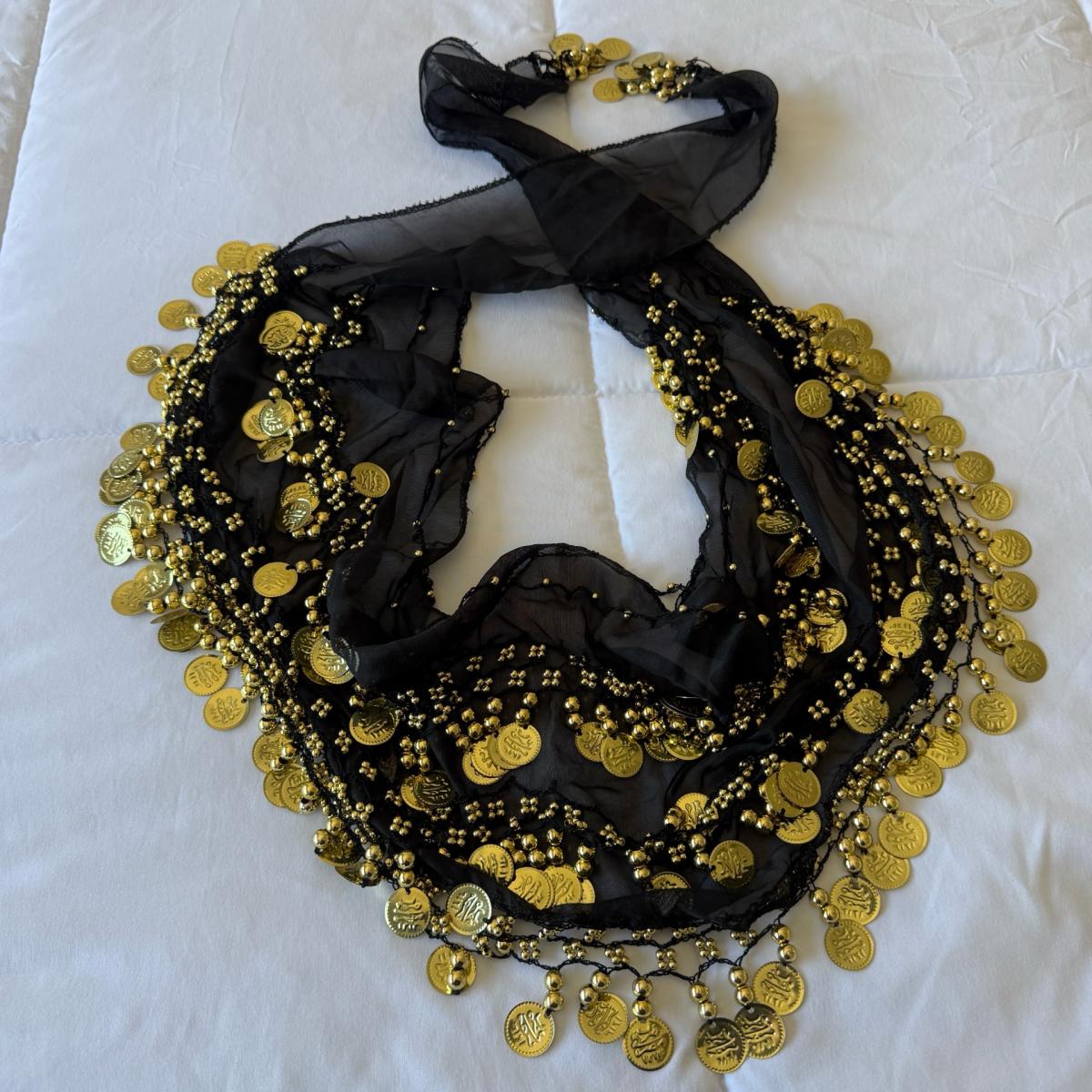 Black Chiffon Belly Dance Hip Scarf with Gold Coin Trim  Tri - Los Angeles, California - FleaMarketBay
