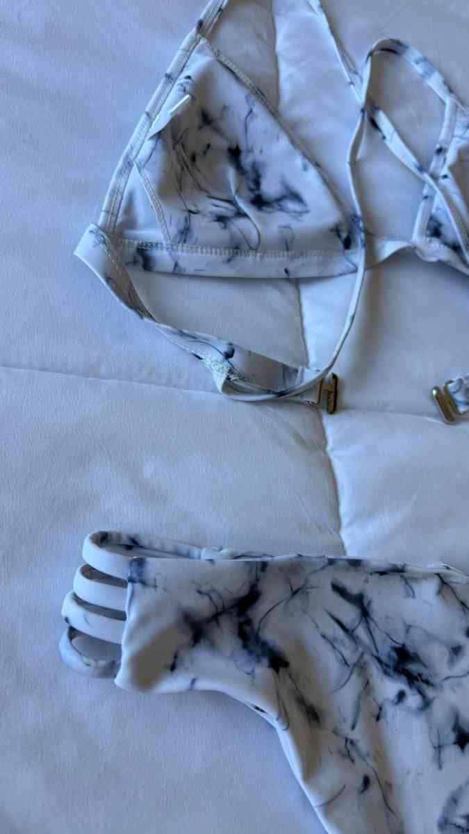 White Marble TieDye Padded Triangle Bikini Set  Strappy High - Los Angeles, California - FleaMarketBay