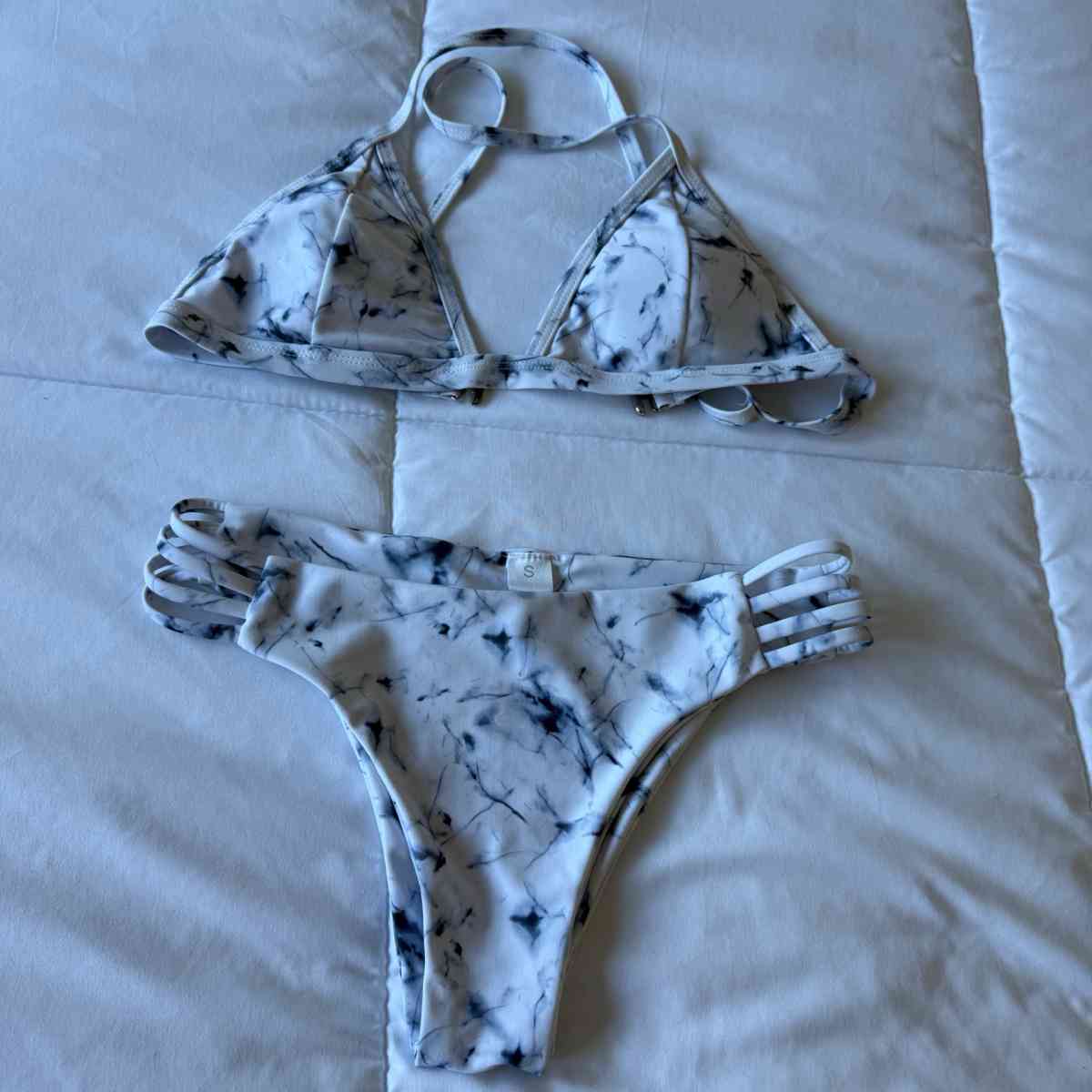 White Marble TieDye Padded Triangle Bikini Set  Strappy High - Los Angeles, California