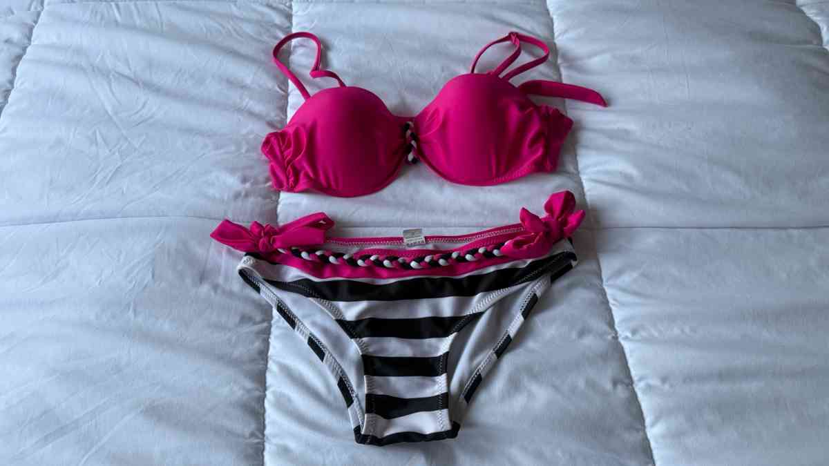 Hot Pink  Black Striped Bikini Set  Padded Bra Top with Brai - Los Angeles, California - FleaMarketBay