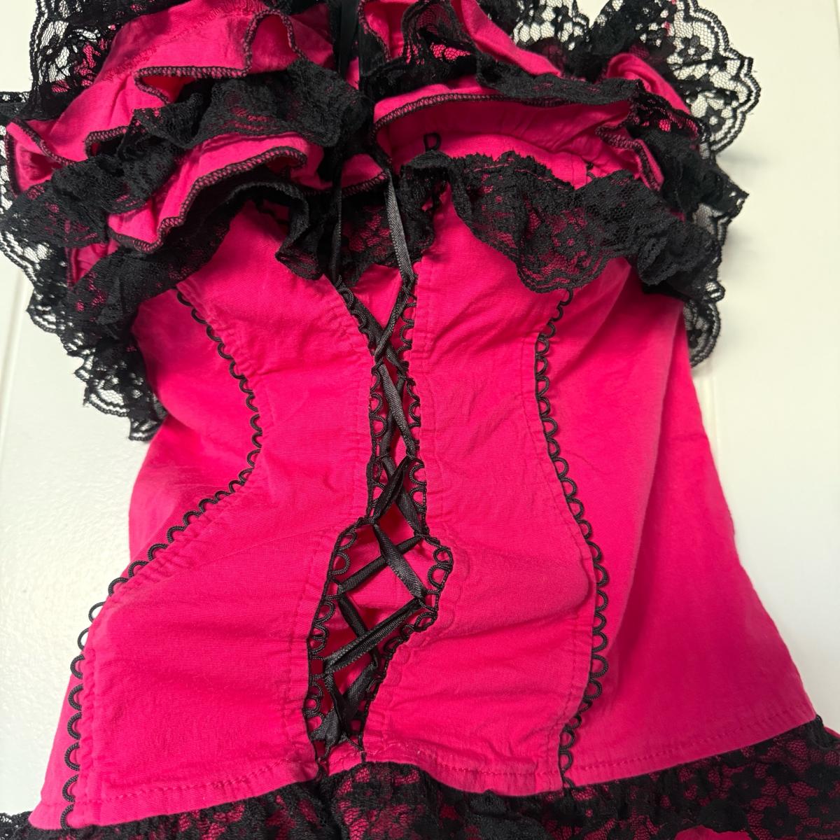 Strapless Hot Pink  Black Lace Ruffled Bustier Top  Padded - Los Angeles, California - FleaMarketBay