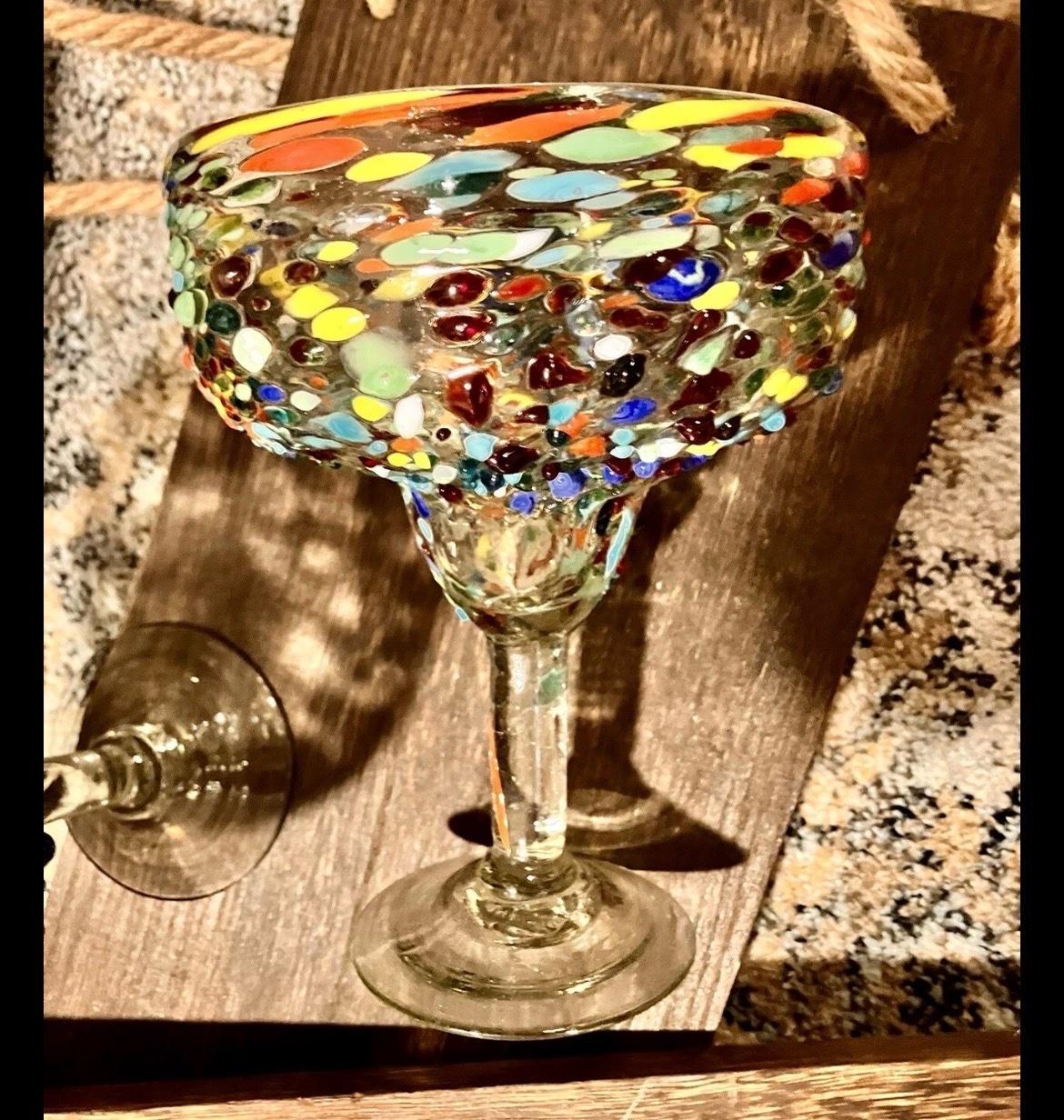 Mexican Hand Blown Margarita Glasses Confetti Set of 2 - Arvada, Colorado - FleaMarketBay