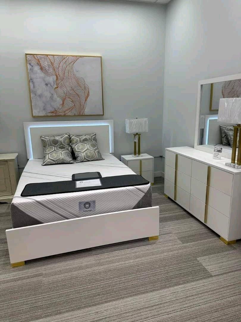 Modern White  Gold Bedroom Set with LED Bed  Queen Size - Miami, Florida