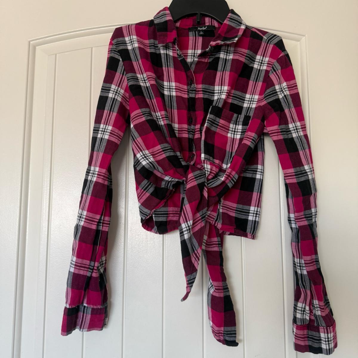 Papaya Pink Plaid TieFront Flannel Crop Shirt  Soft Grunge Y - Los Angeles, California - FleaMarketBay