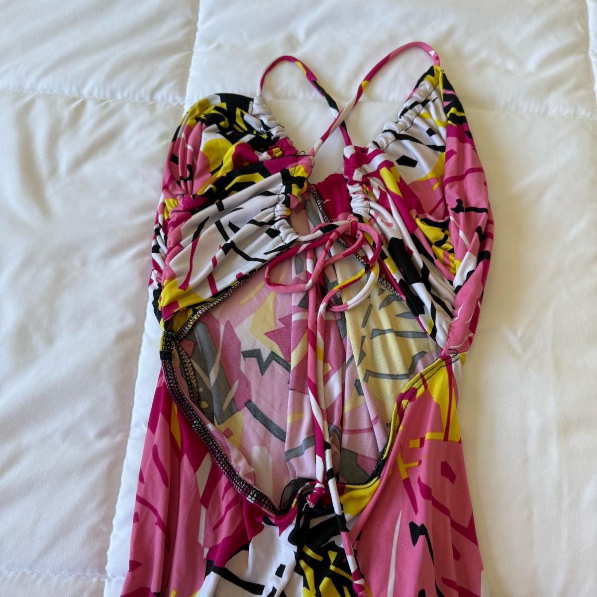 Y2K Tropical Print Cutout LaceUp Mini Dress  Pink Yellow - Los Angeles, California - FleaMarketBay