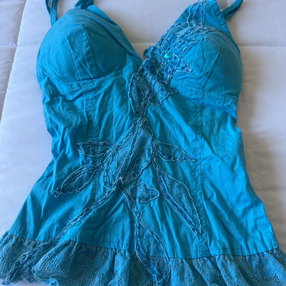 Y2K Turquoise Padded Halter Cami Top  Lace Appliqu Boho Fai - Los Angeles, California - FleaMarketBay