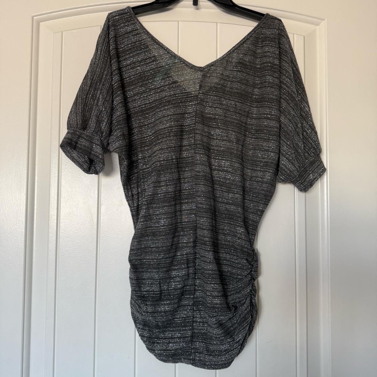 Y2K Charcoal Shimmer Ruched Tunic Top  Draped Metallic - Los Angeles, California - FleaMarketBay