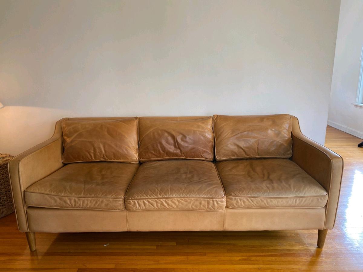 West Elm Leather Sofa 3Seat CamelTan 680 Delivery Available - Adams, New York - FleaMarketBay