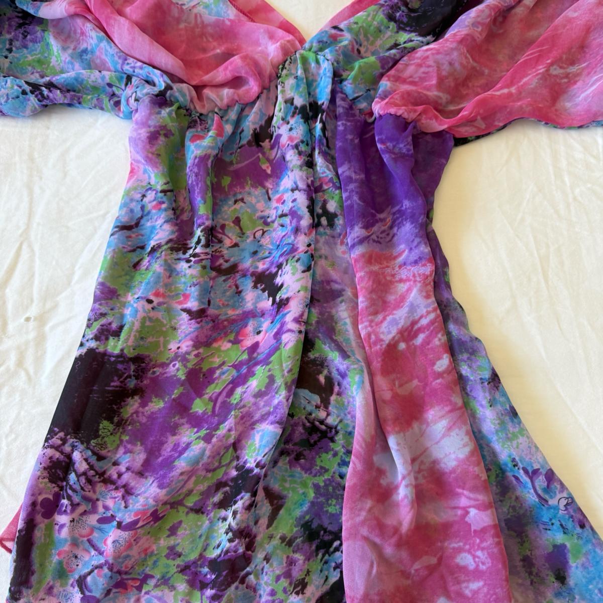 Dreamy Y2K Watercolor Fairy Blouse Top  Sheer Open Shoulder - Los Angeles, California - FleaMarketBay