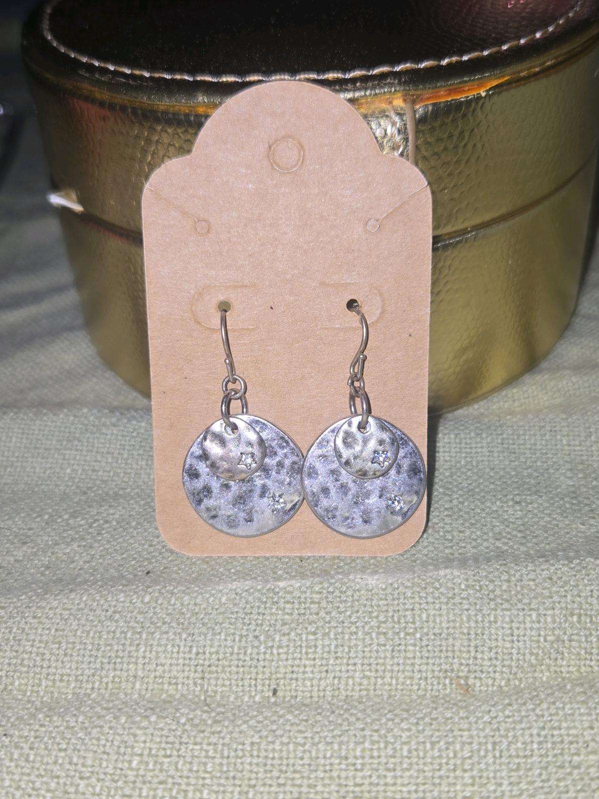 Hammered Silver Tone Disc Drop Earrings with CZ Accents - Huntsville, Alabama - FleaMarketBay