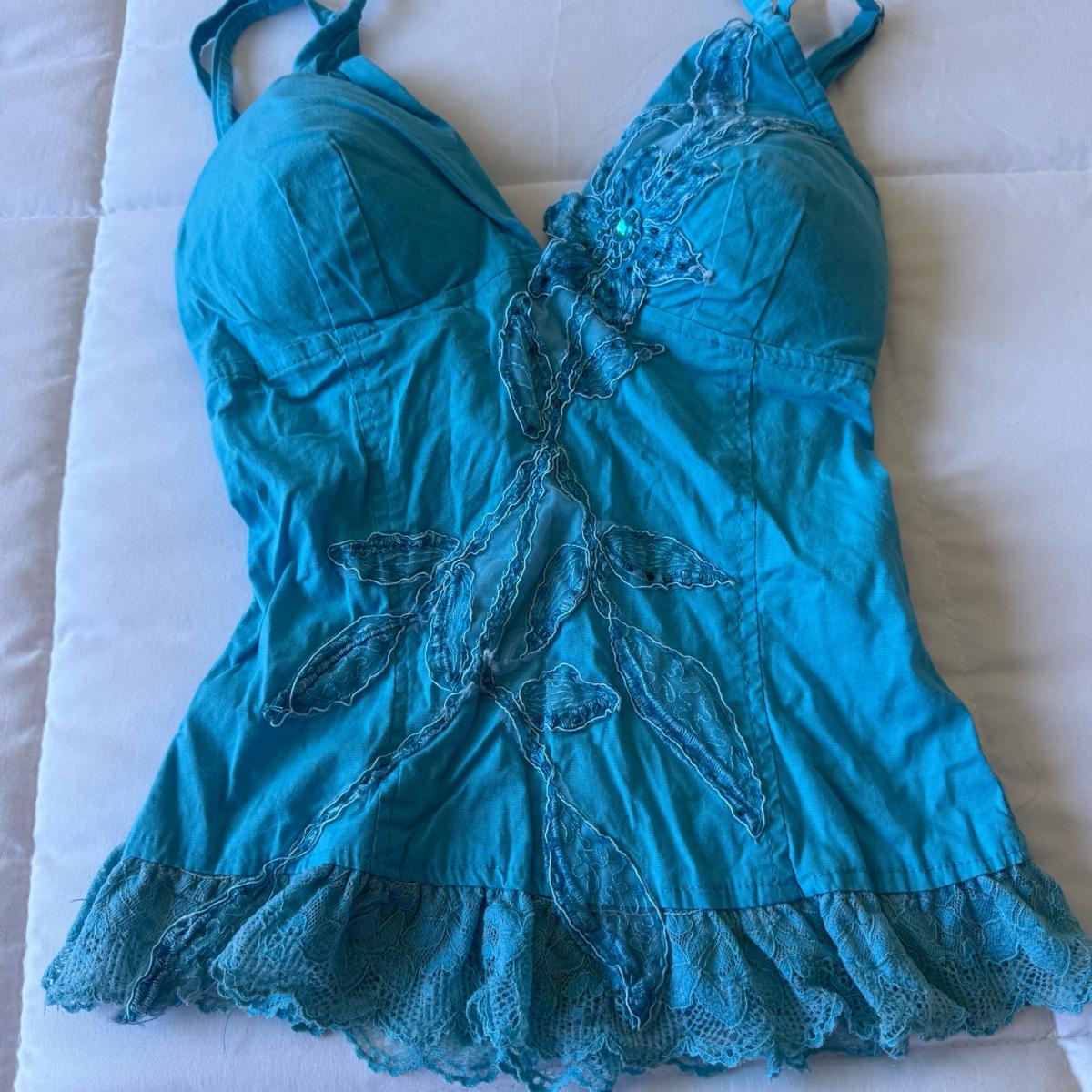 Y2K Turquoise Padded Halter Cami Top  Lace Appliqu Boho Fai - Los Angeles, California - FleaMarketBay
