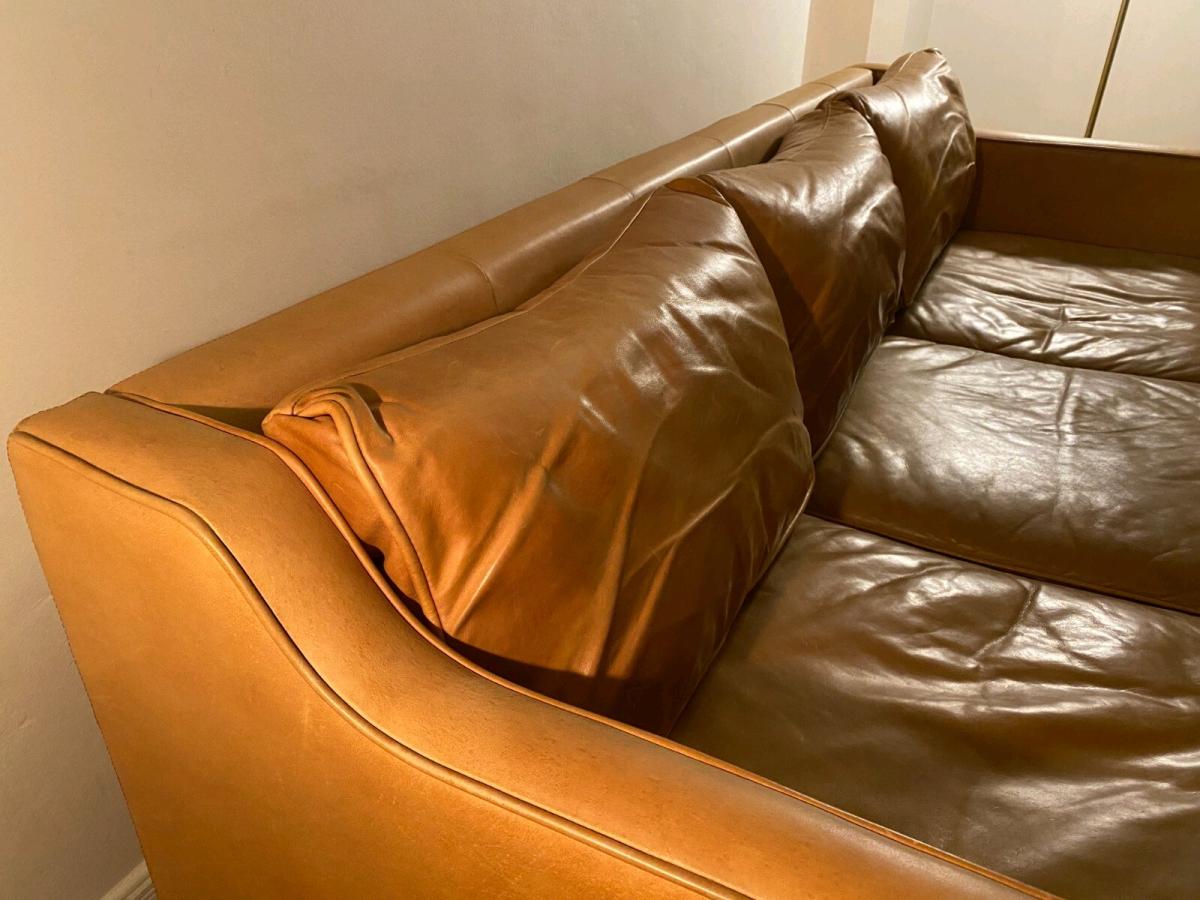 West Elm Leather Sofa 3Seat CamelTan 680 Delivery Available - Adams, New York - FleaMarketBay