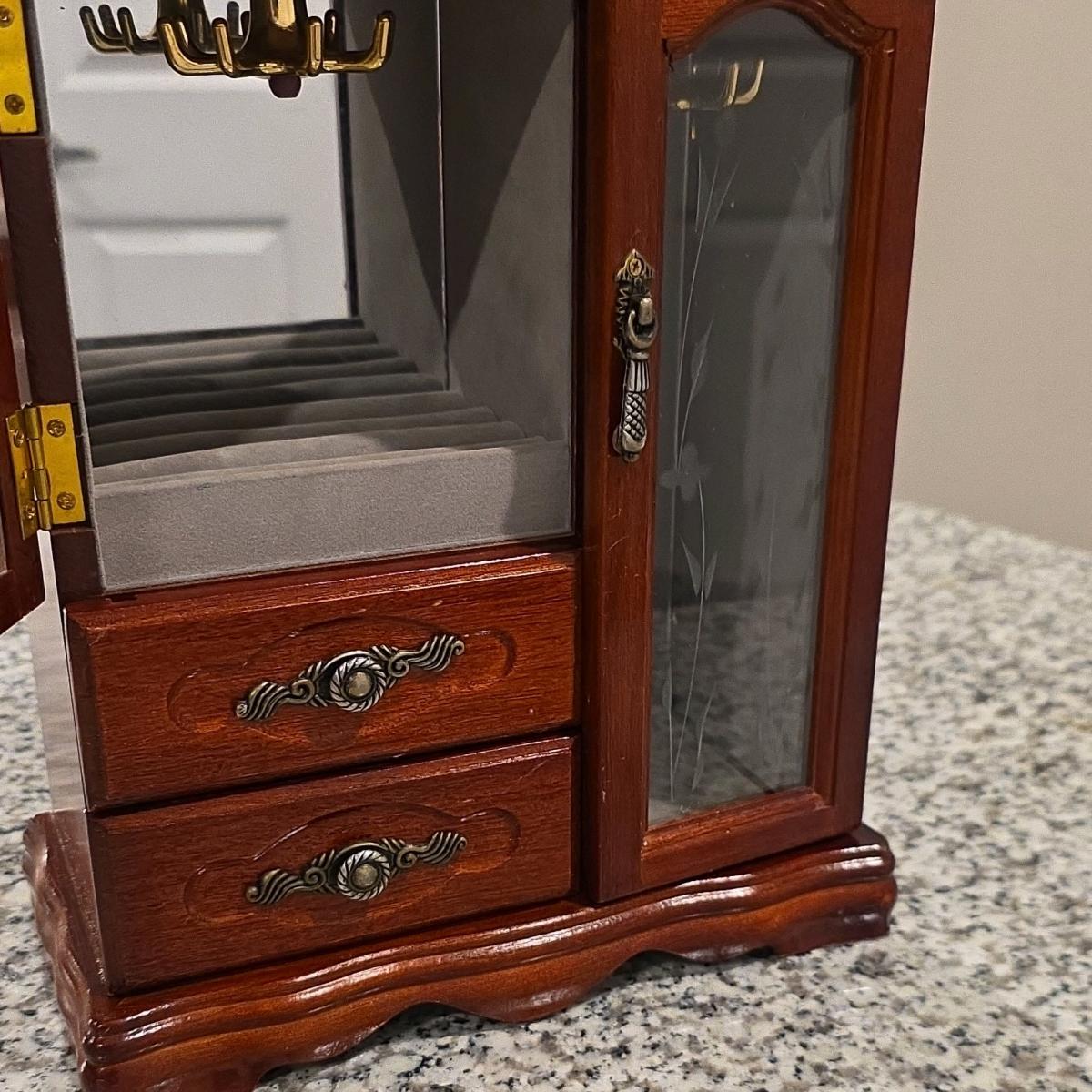 Wooden Jewelry Box with Glass Doors Drawers Mirror Lined Vel - Houston, Texas - FleaMarketBay