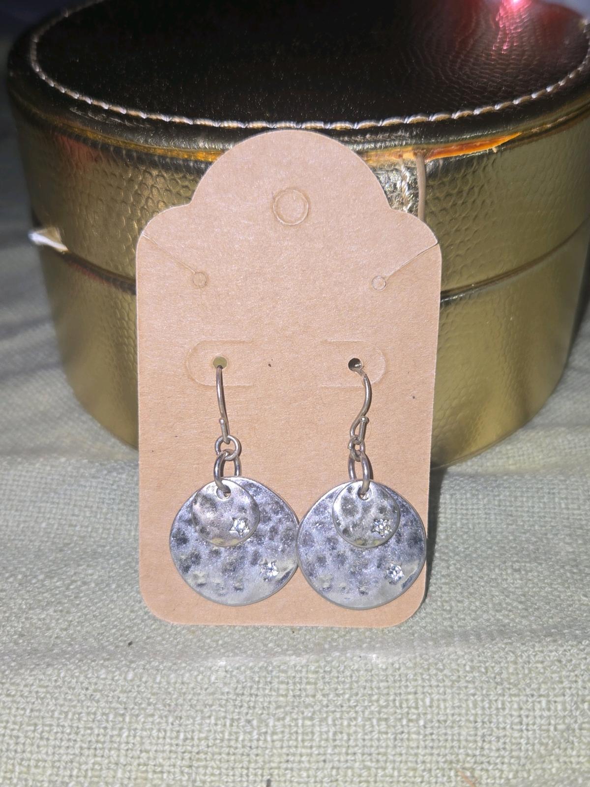 Hammered Silver Tone Disc Drop Earrings with CZ Accents - Huntsville, Alabama - FleaMarketBay