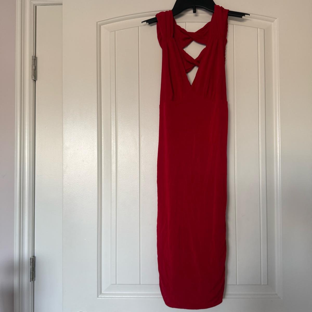 Bold Red Ruched Bodycon Midi Dress  Crisscross Back  Size S - Los Angeles, California