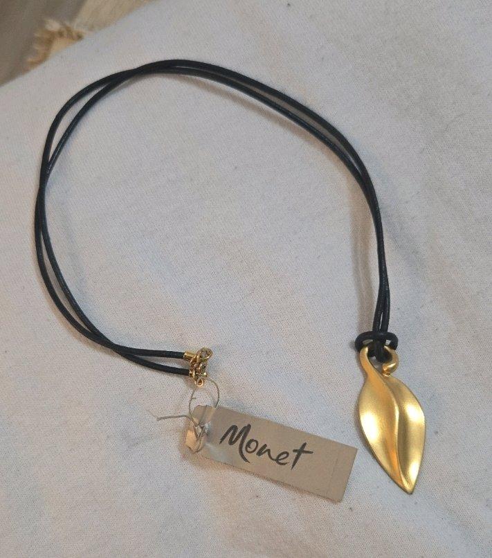Monet Gold Tone Leaf Pendant Necklace on Black Cord - Adamsville, Alabama