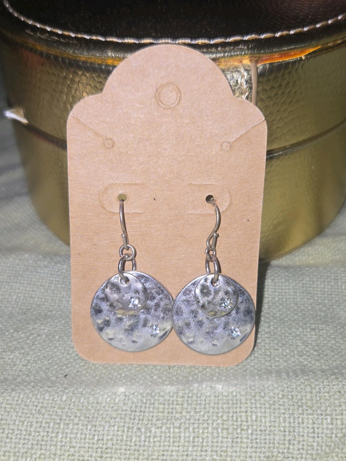 Hammered Silver Tone Disc Drop Earrings with CZ Accents - Huntsville, Alabama - FleaMarketBay