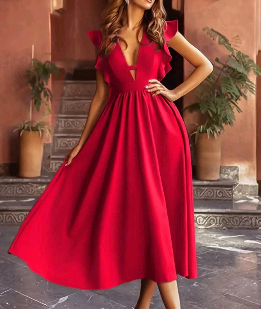 Womens Solid Color Red Dress