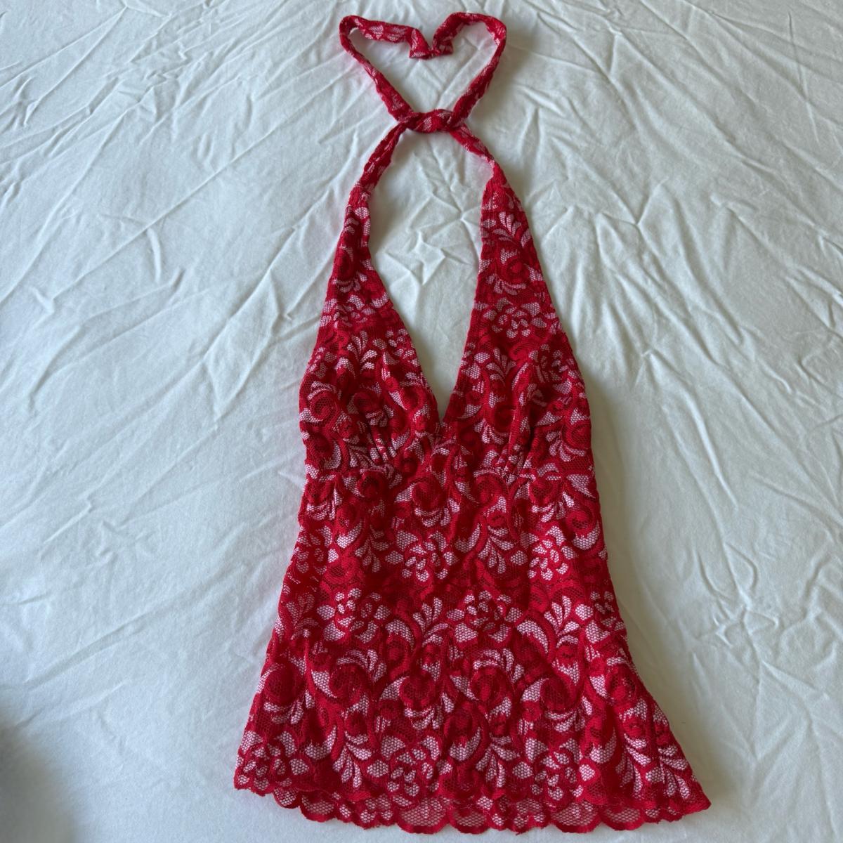 Red Floral Lace Halter Top  Sheer Plunge Babydoll  Romantic - Los Angeles, California