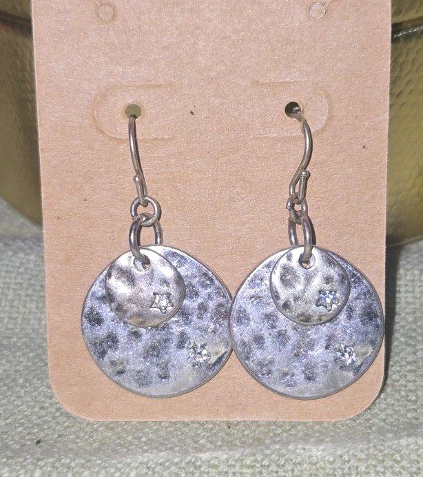 Hammered Silver Tone Disc Drop Earrings with CZ Accents - Huntsville, Alabama