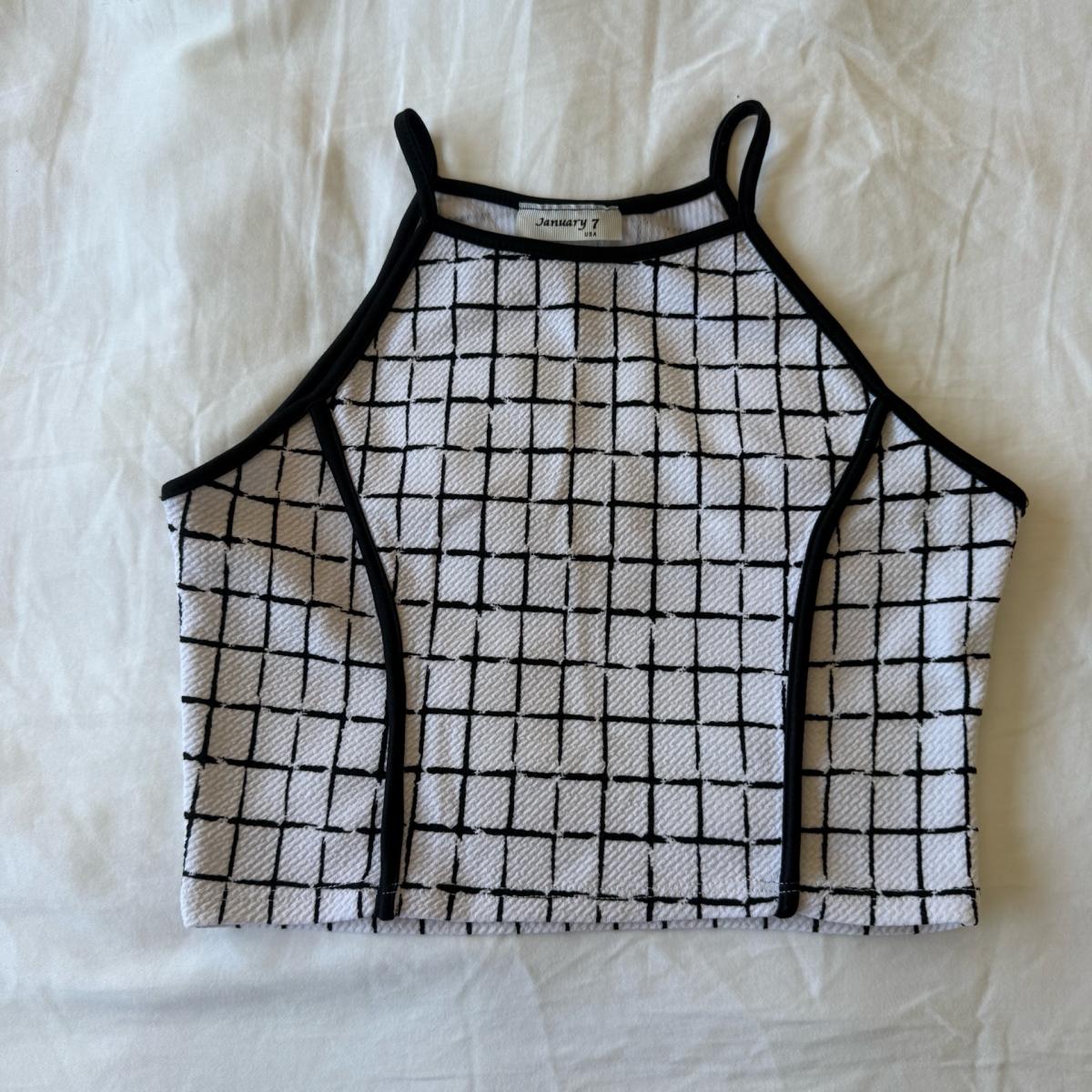 Y2K Minimalist Grid Print Halter Crop Top  Black  White Aes - Los Angeles, California