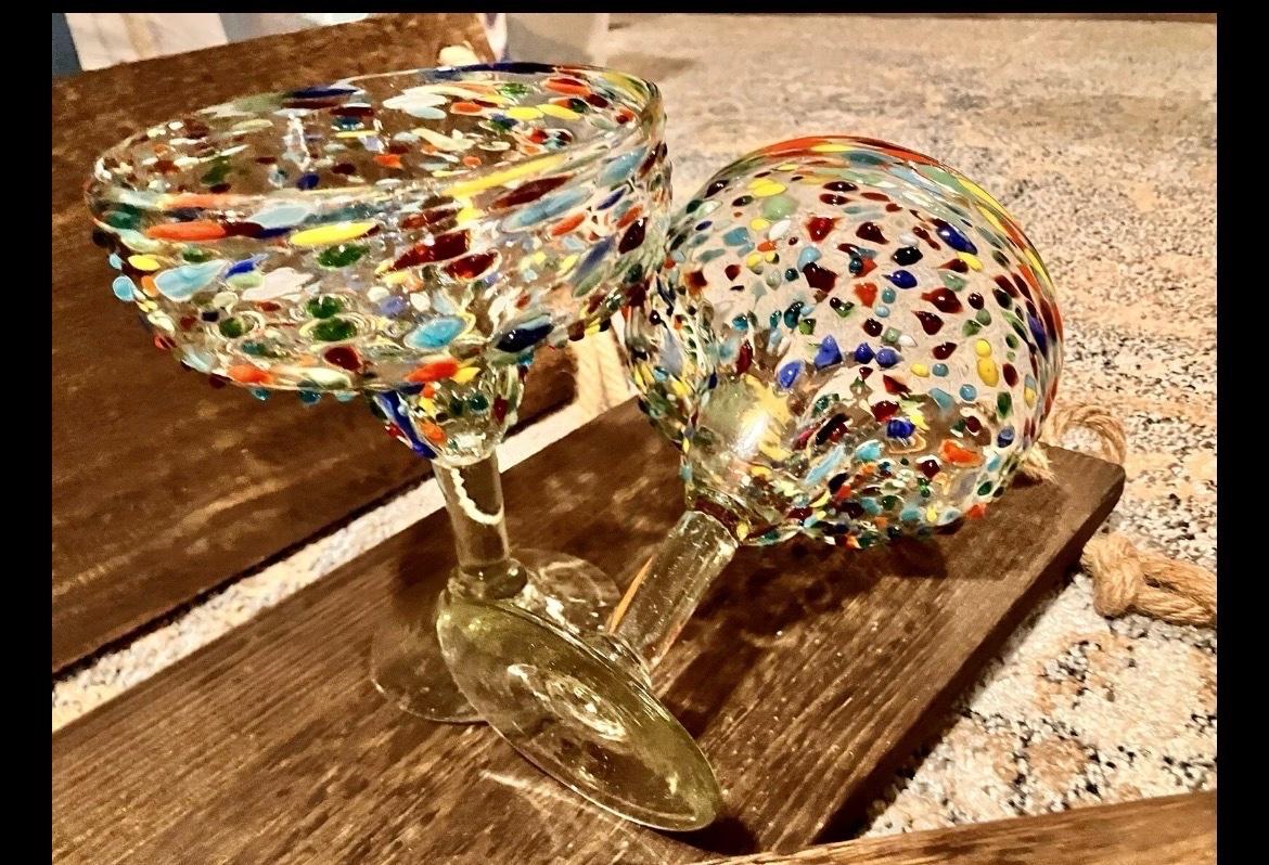 Mexican Hand Blown Margarita Glasses Confetti Set of 2 - Arvada, Colorado - FleaMarketBay