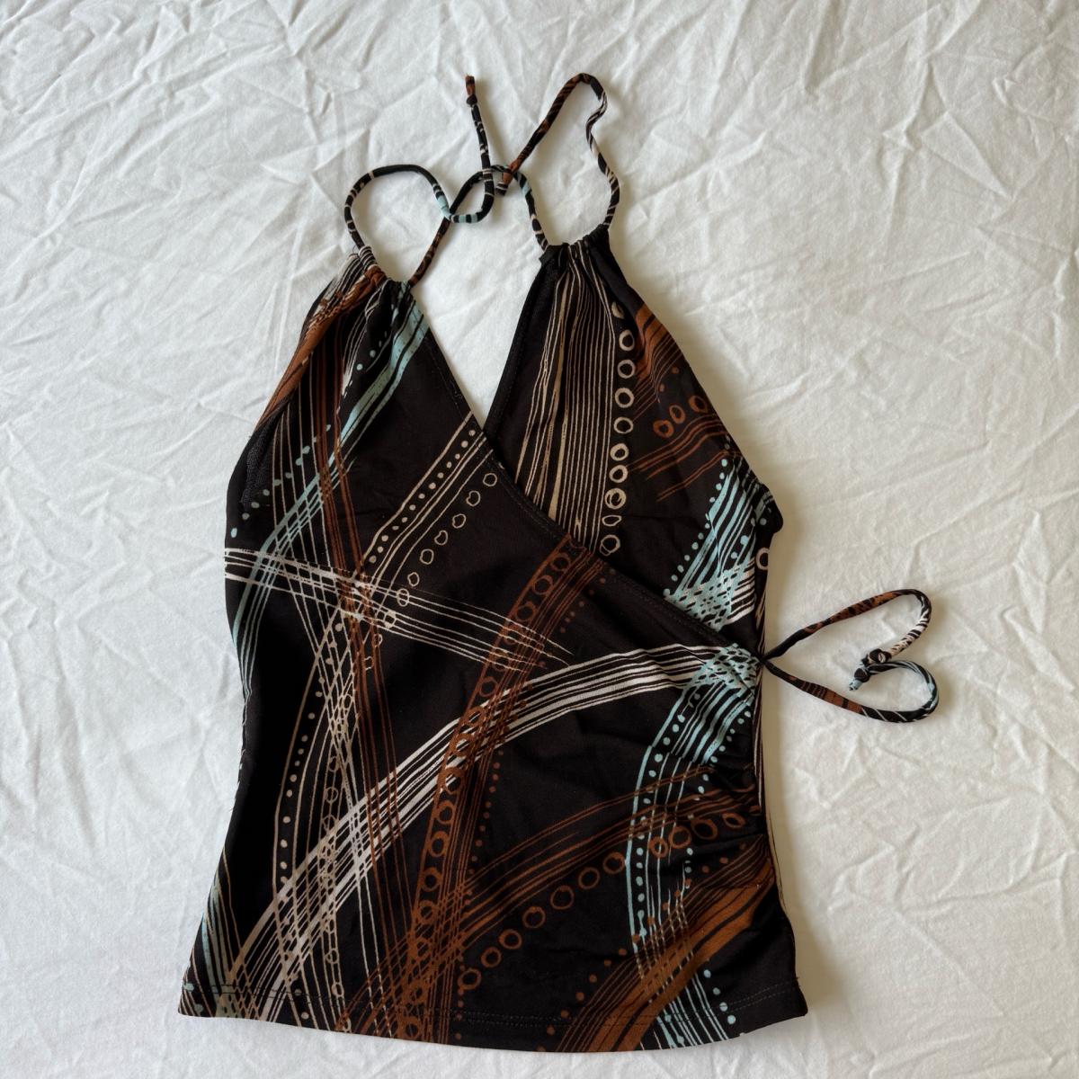 Y2K Abstract Wrap Halter Top  Earthy Tribal Print Small - Los Angeles, California - FleaMarketBay