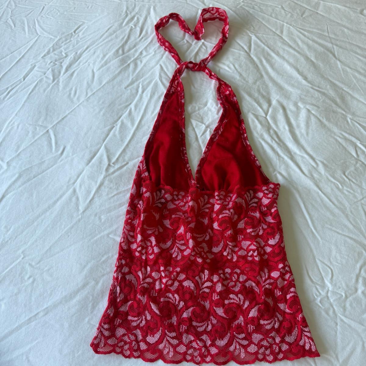 Red Floral Lace Halter Top  Sheer Plunge Babydoll  Romantic - Los Angeles, California - FleaMarketBay
