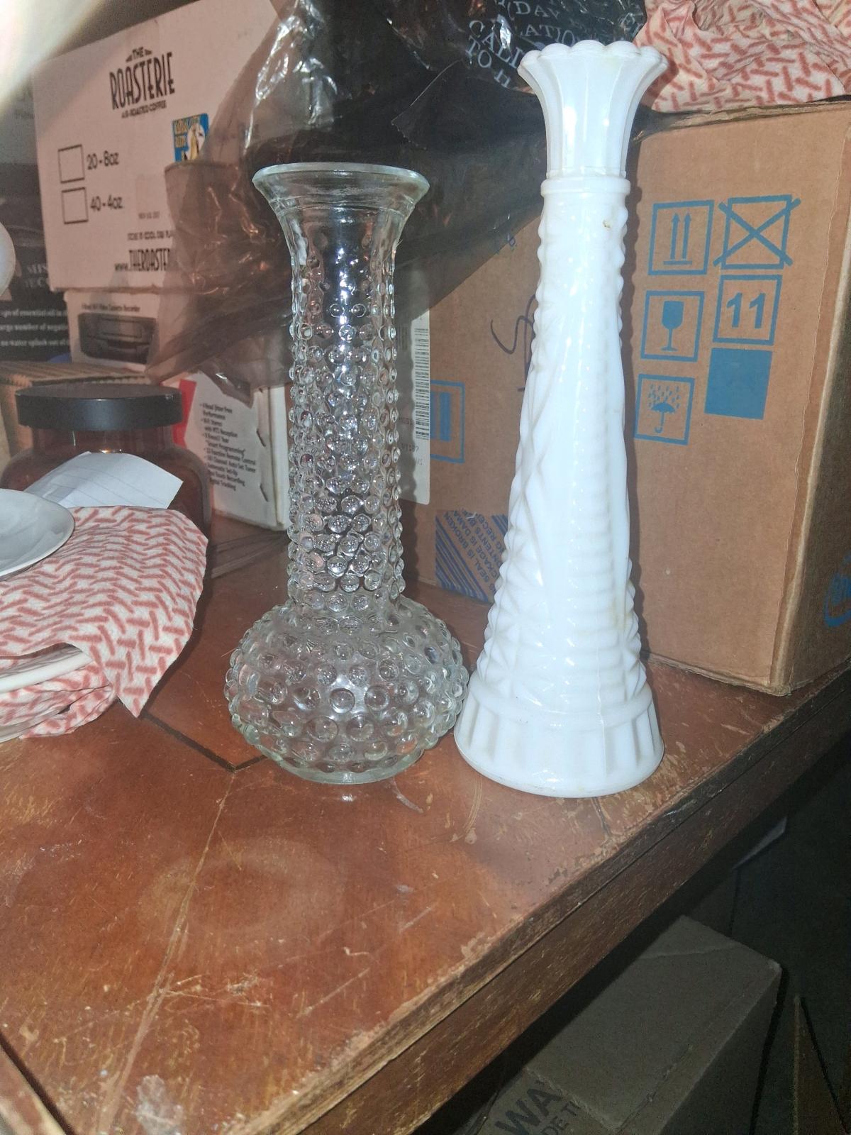 Vintage Glass Vases Set Clear Hobnail Milk Glass