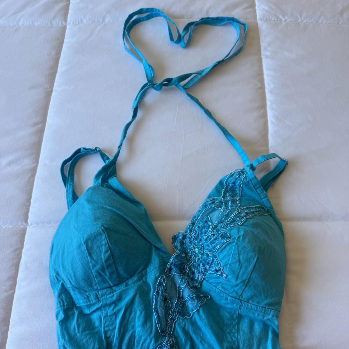 Y2K Turquoise Padded Halter Cami Top  Lace Appliqu Boho Fai - Los Angeles, California - FleaMarketBay