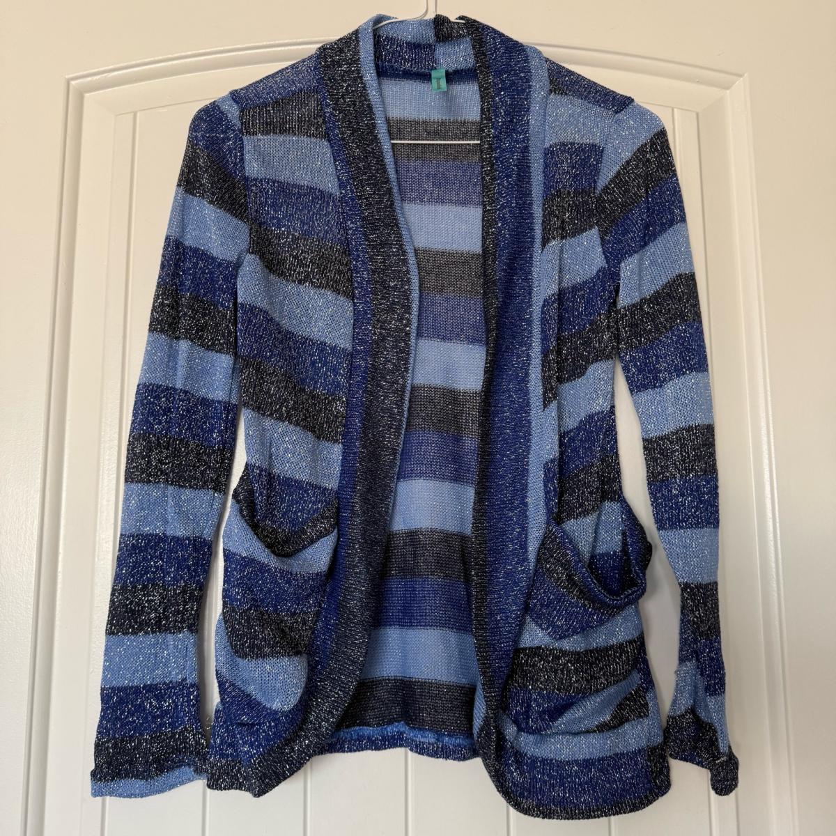 Blue Striped Lightweight Knit Cardigan  Cozy Soft Open Front