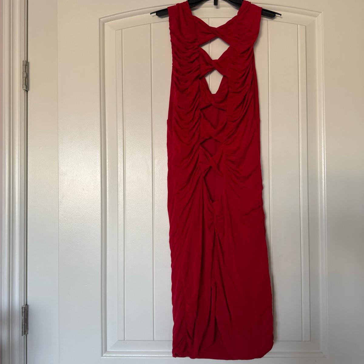 Bold Red Ruched Bodycon Midi Dress  Crisscross Back  Size S - Los Angeles, California - FleaMarketBay