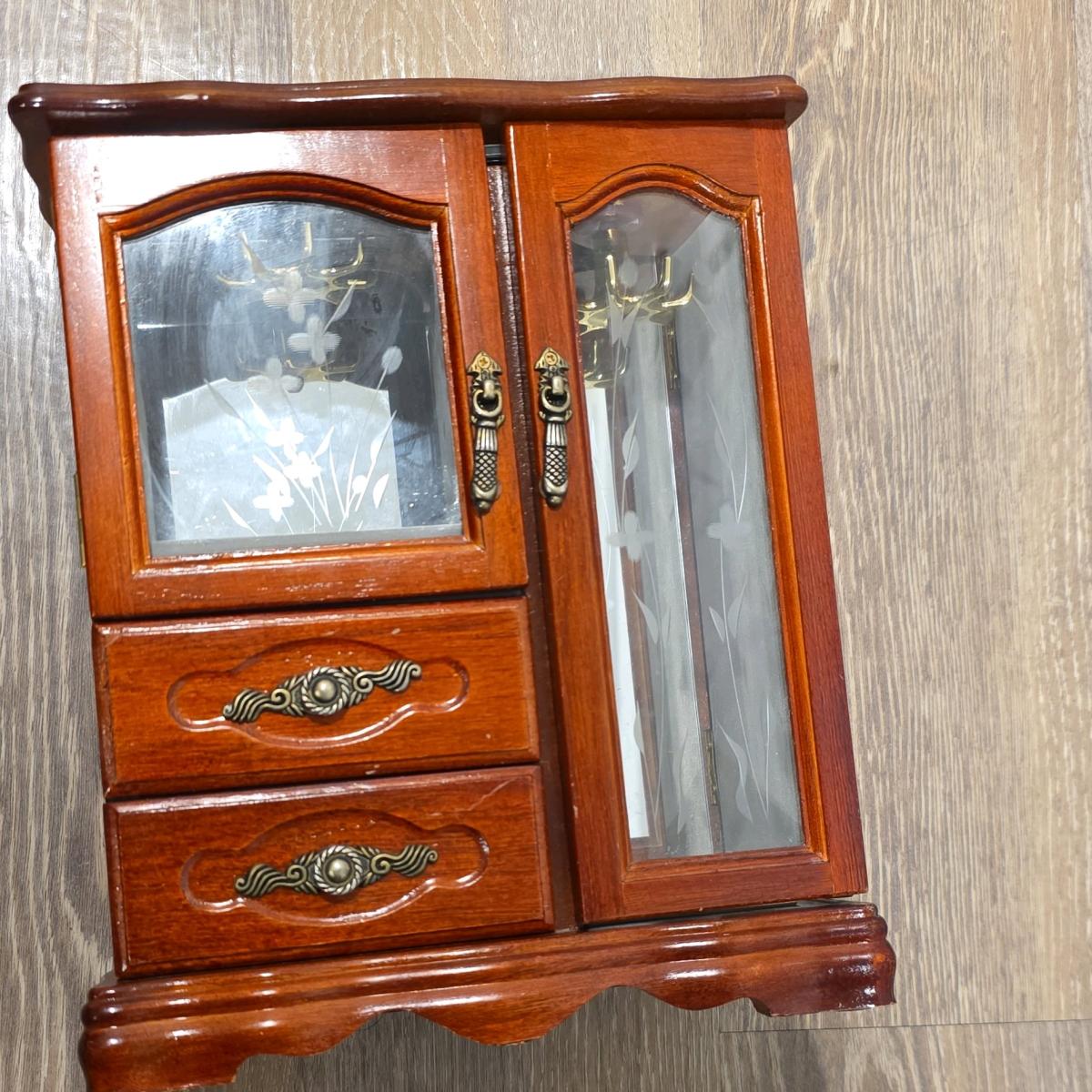 Wooden Jewelry Box with Glass Doors Drawers Mirror Lined Vel