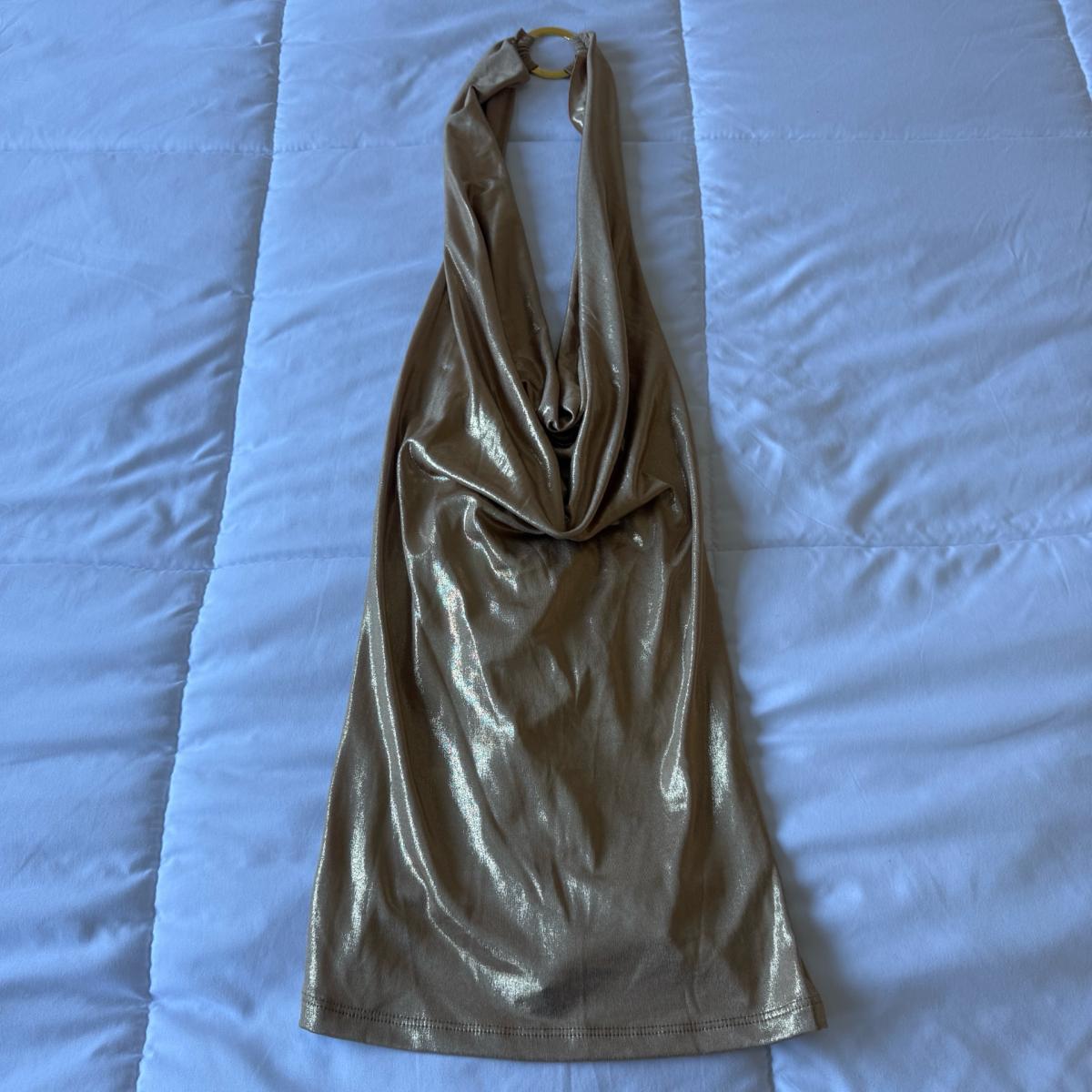 Y2K Gold Metallic Backless Halter Top O Ring Neck Wrap Tie