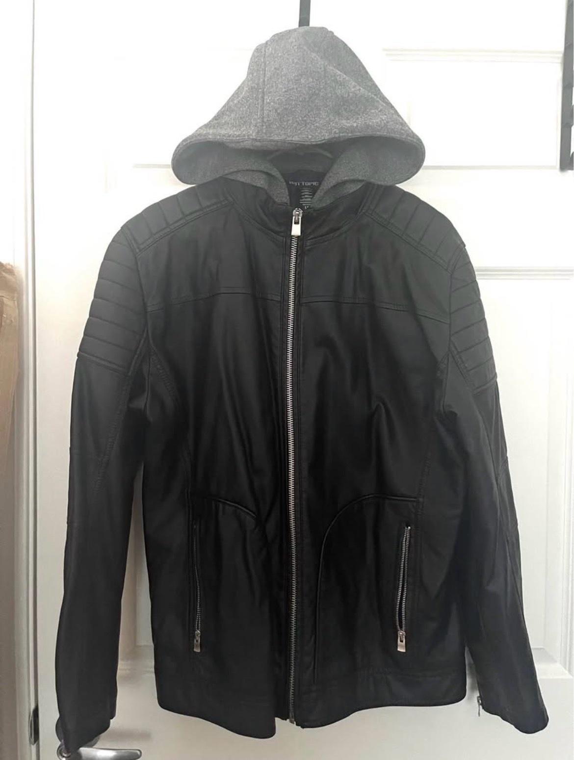 MENS HOODED FAUX LEATHER JACKET