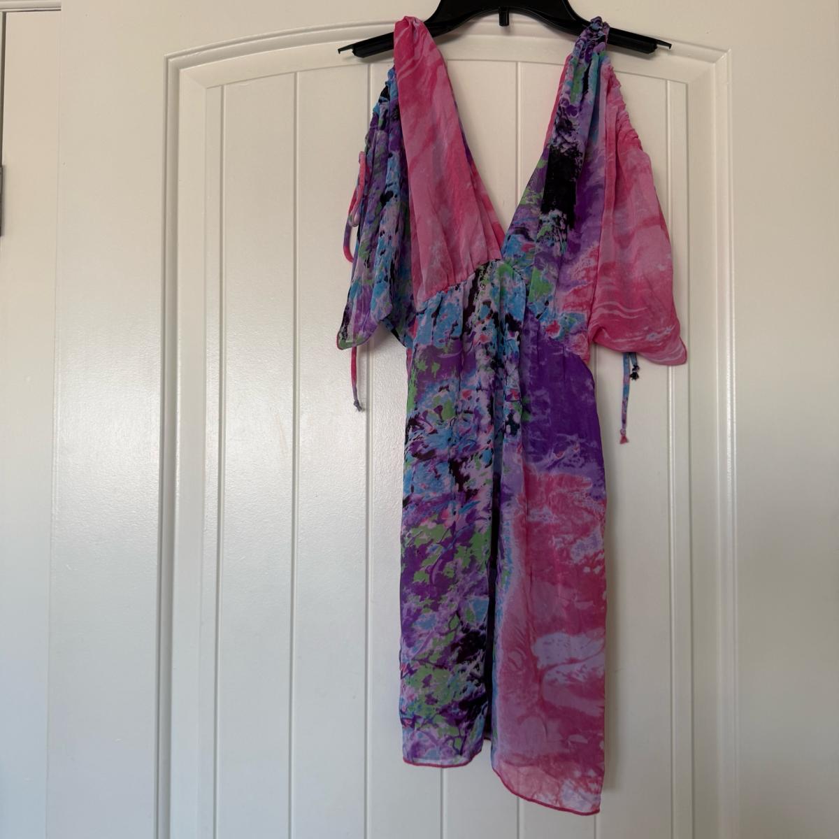 Dreamy Y2K Watercolor Fairy Blouse Top  Sheer Open Shoulder - Los Angeles, California - FleaMarketBay