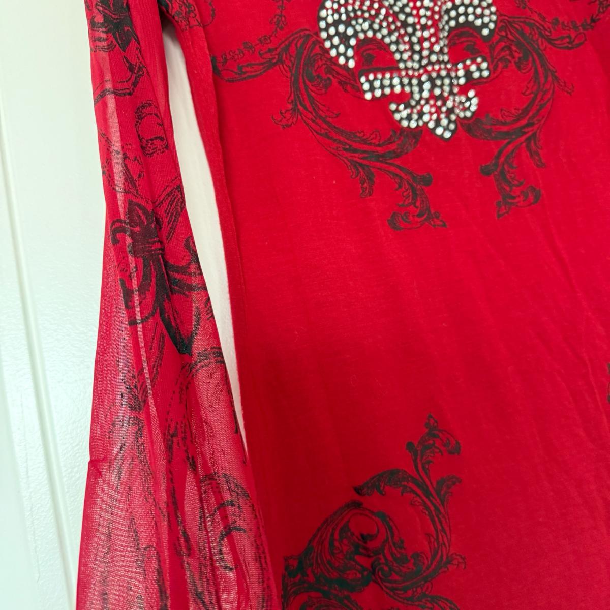 Y2K Gothic Rhinestone FleurdeLis Mesh Sleeve Top  Red  Black - Los Angeles, California - FleaMarketBay