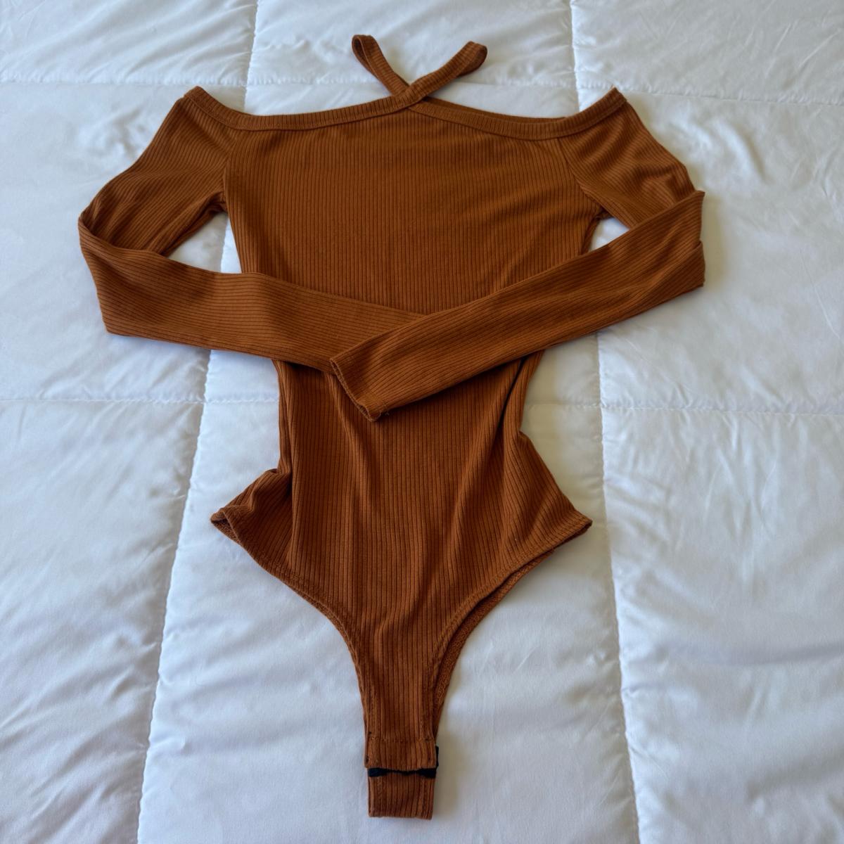 Boutique Cinnamon Ribbed Off Shoulder Crisscross Bodysuit - Los Angeles, California - FleaMarketBay