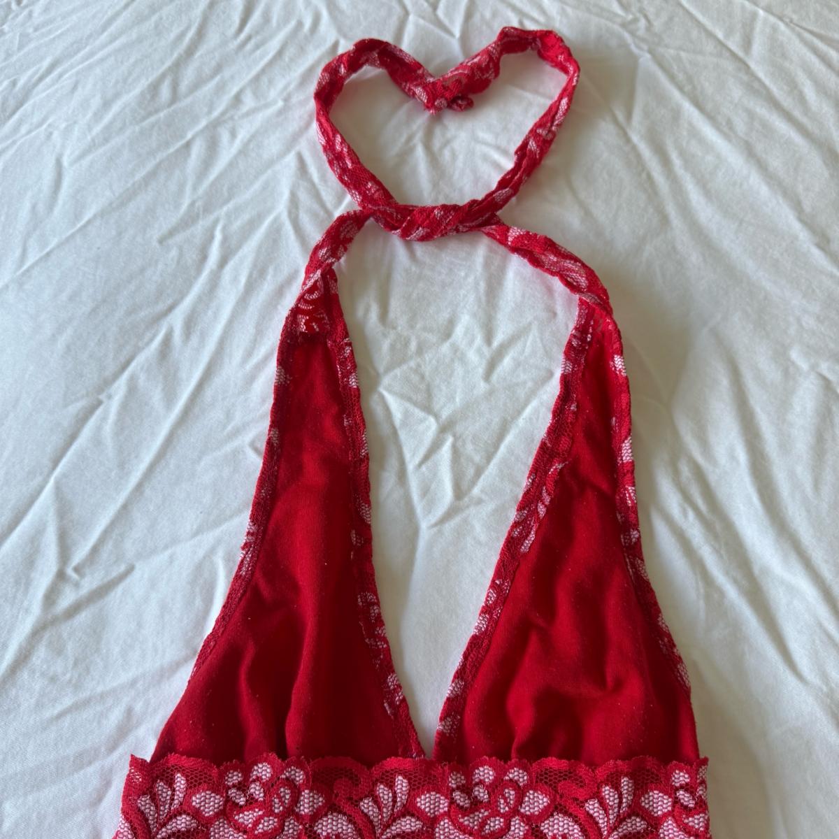 Red Floral Lace Halter Top  Sheer Plunge Babydoll  Romantic - Los Angeles, California - FleaMarketBay