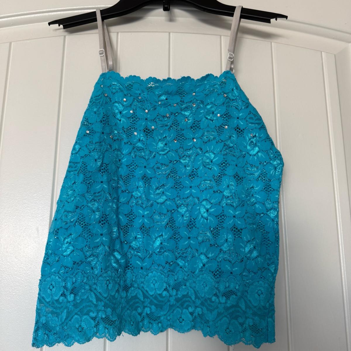 Y2K Turquoise Lace Camisole Rhinestone Floral Tank Top Fairy - Los Angeles, California - FleaMarketBay