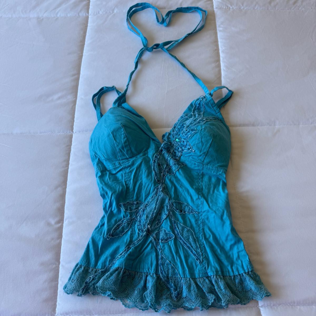 Y2K Turquoise Padded Halter Cami Top  Lace Appliqu Boho Fai