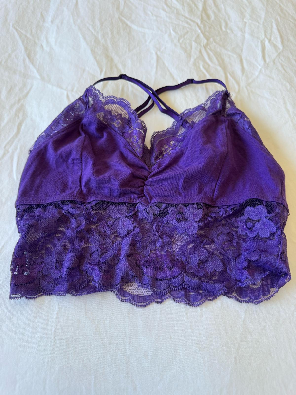 Romantic Violet Lace Bralette Crop Top  Silky Satin  Floral - Los Angeles, California - FleaMarketBay