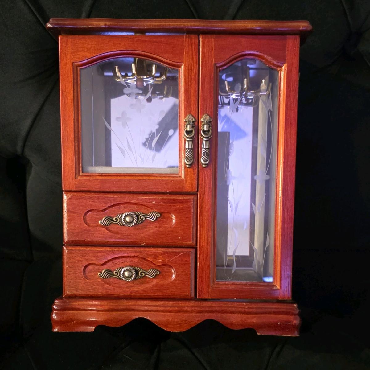 Wooden Jewelry Box with Glass Doors Drawers Mirror Lined Vel - Houston, Texas - FleaMarketBay