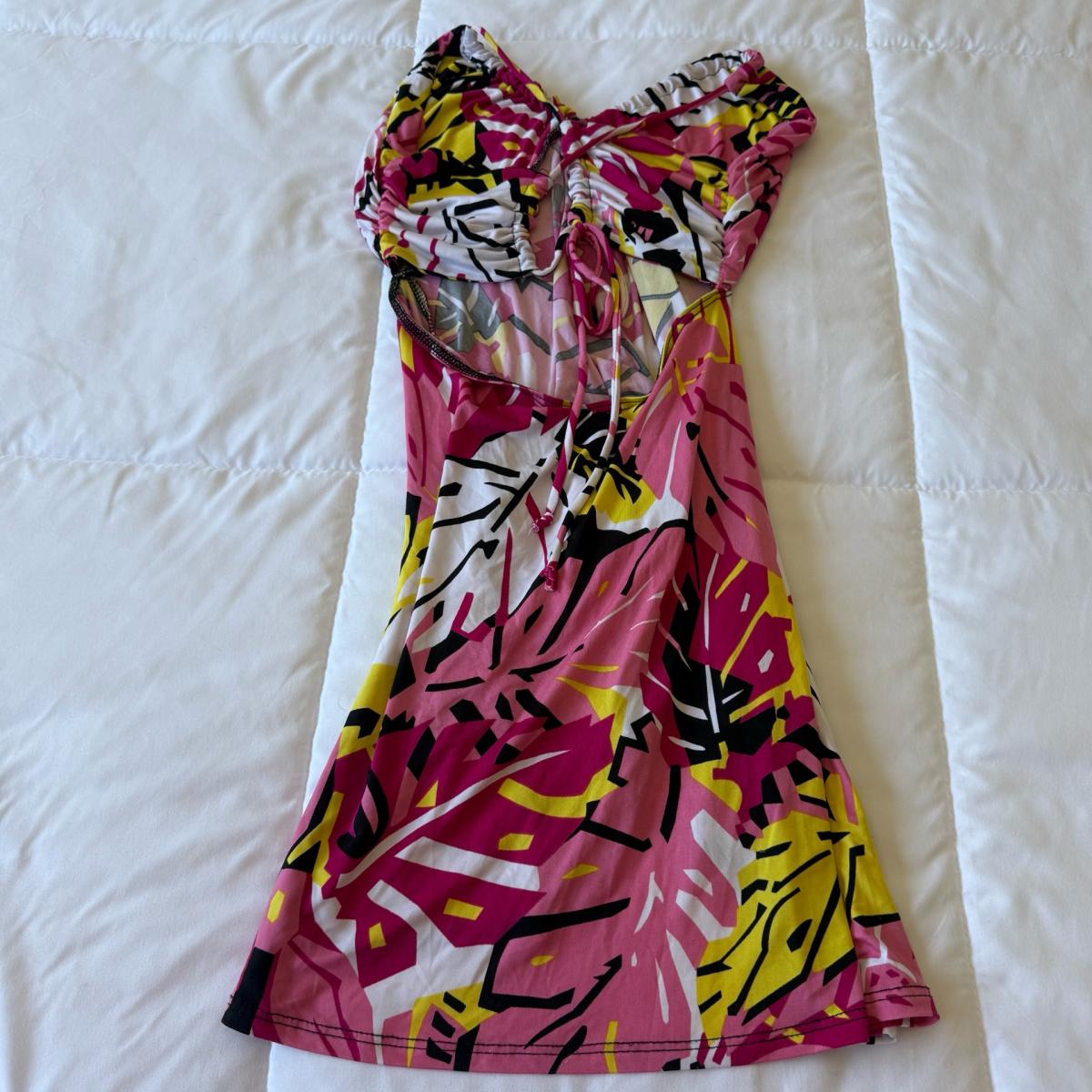 Y2K Tropical Print Cutout LaceUp Mini Dress  Pink Yellow - Los Angeles, California - FleaMarketBay