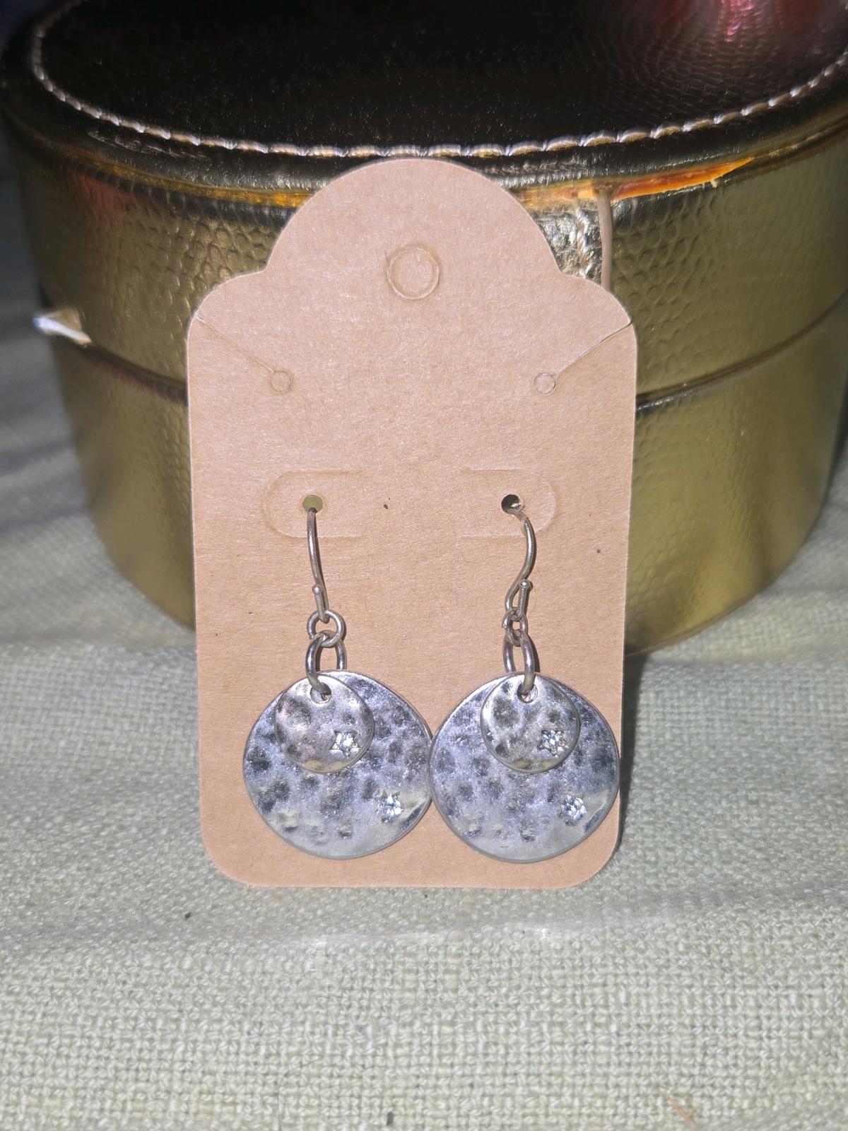 Hammered Silver Tone Disc Drop Earrings with CZ Accents - Huntsville, Alabama - FleaMarketBay