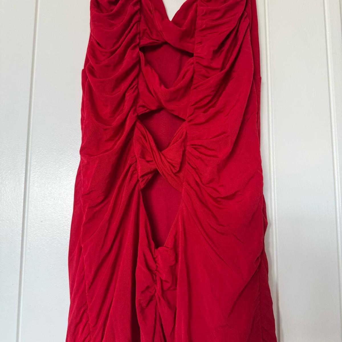 Bold Red Ruched Bodycon Midi Dress  Crisscross Back  Size S - Los Angeles, California - FleaMarketBay